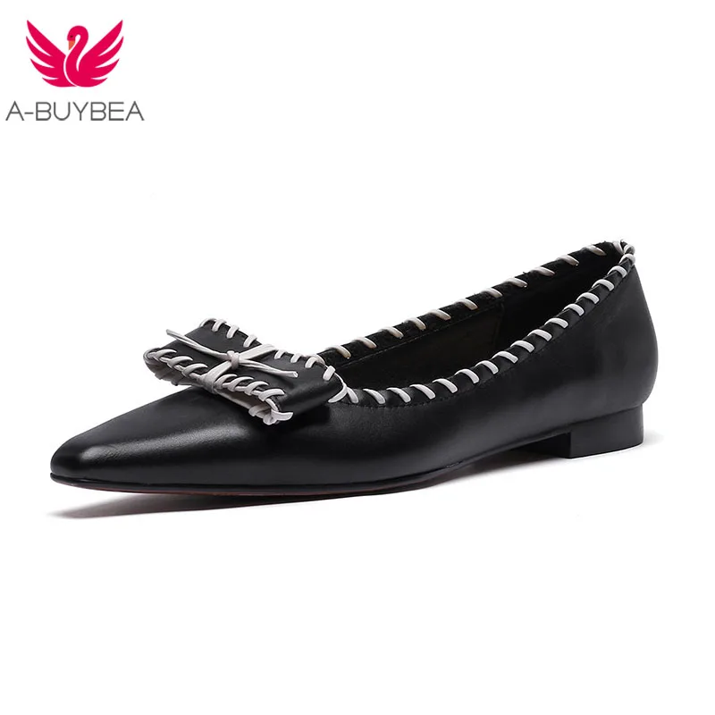 

New Real Leather Women Flats Shoes Pointed Toe Butterfly-knot Brand Women Black/apricot Shoes Ladies Low Heels Casual Shoes