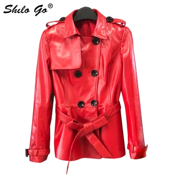 

SHILO GO Leather Trench Womens Spring Fashion sheepskin genuine leather Long Coat lapel collar double breasted bow belt coat