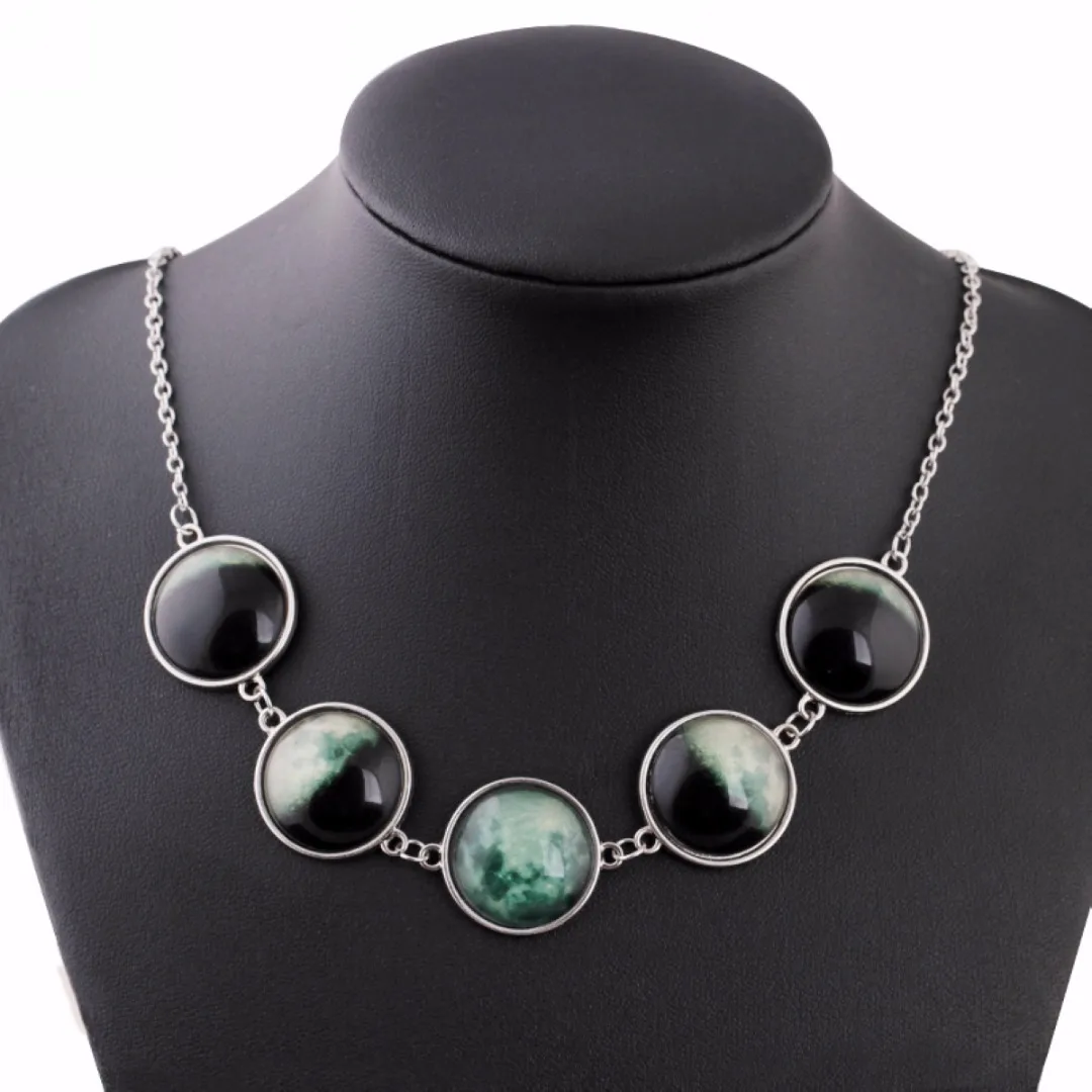Luminous Glow in the Dark Lunar Moon Phase Glass Dome Cabochon Necklace