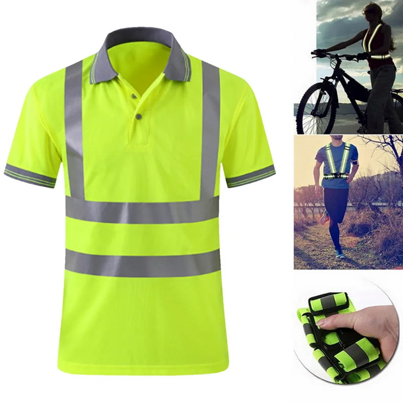Hi Vis Мужская рубашка Ночная рабочая одежда спецодежда быстросохнущая дышащая рубашка футболка для бега Светоотражающая жилет для безопасности на дорогах