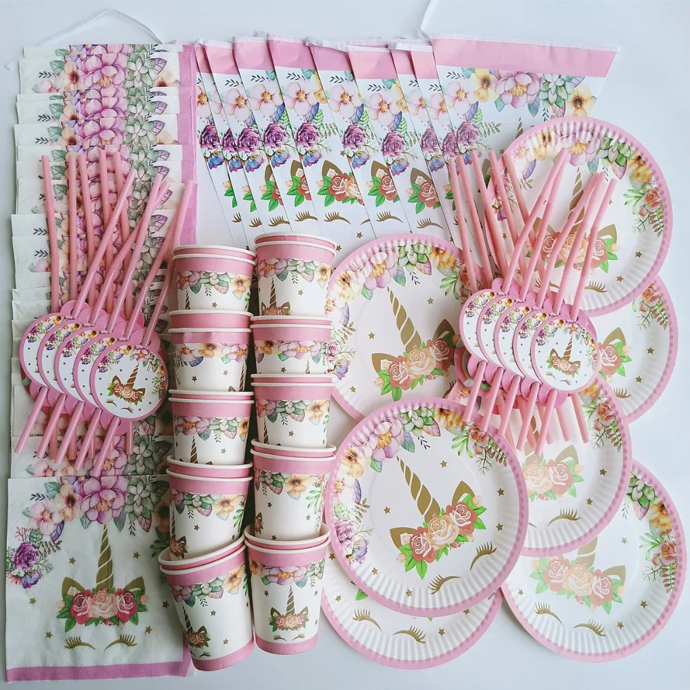 

81pcs 20 person happy birthday kids Unicorn baby boy shower party decoration set banner table cloth straws cup plates supplier