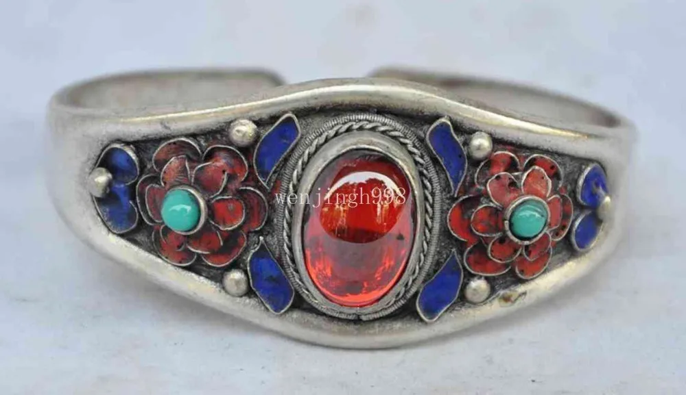 

shipping>>>>Exquisite Miao silver Cloisonne Mosaic Zircon Turquoise Bracelet Statue 5.24