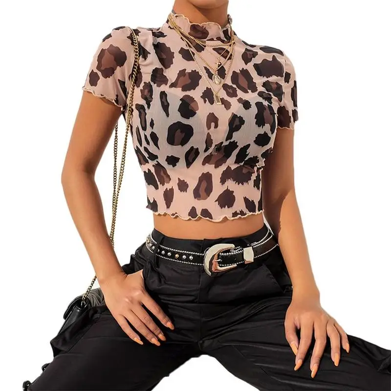 

Sexy T Shirt Transparent Leopard Animal Printed T shirt Women Turtleneck Short Sleeve Mesh T Shirt See Through Crop Top Summer