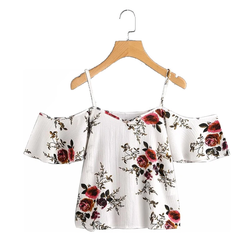 Summer feminina Women Blouses Sexy Cold Shoulder Floral Print Short Blouse Crop Tops New |
