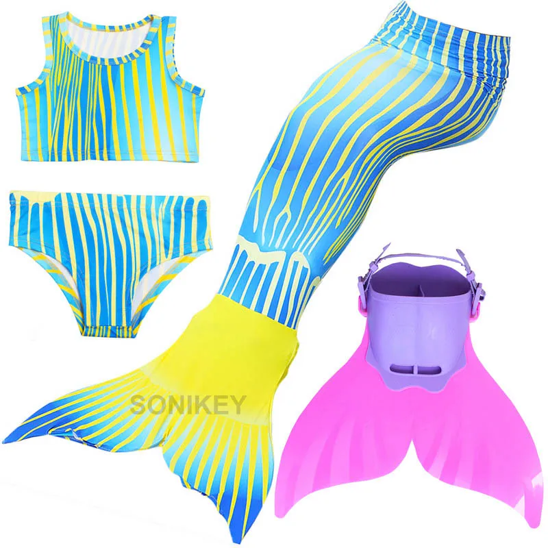 Детский купальный костюм из 4 предметов с хвостом русалки и моновиновым плавником для косплея, купальник для девочек, хвост маленькой русалки, костюм для плавания для девочек - Цвет: SJNP833