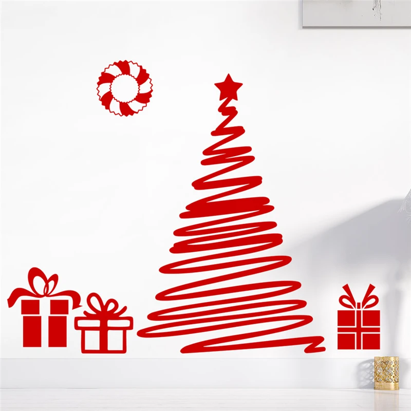 Новогодние подарки на елку, красные настенные наклейки для детской комнаты, стеклянные оконные украшения для дома, рождественские наклейки на стену, виниловые обои