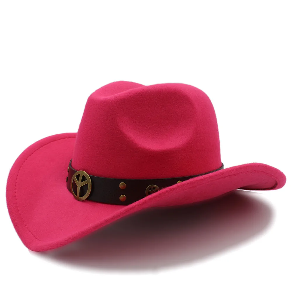 Женская шерстяная открытая западная ковбойская шляпа для леди Cowgirl Jazz Equestrian Sombrero Hombre cap размер 56-58 см - Цвет: Rose red