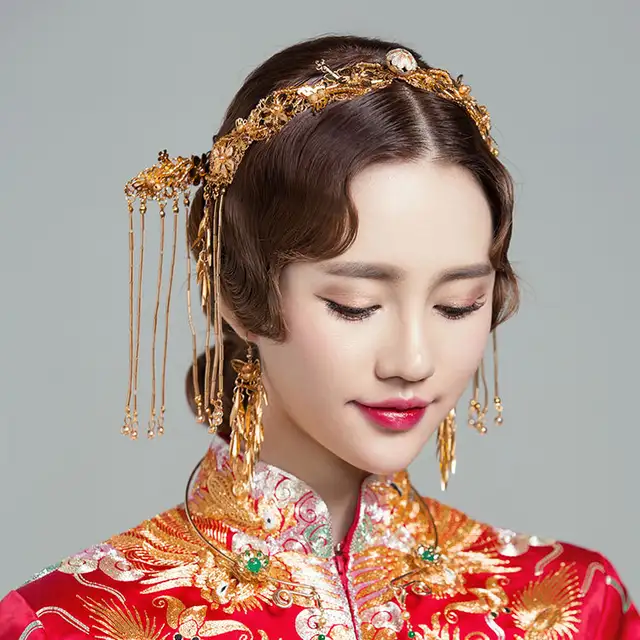 Classical Chinese Golden Hair Main Crown Earrings Wedding Style