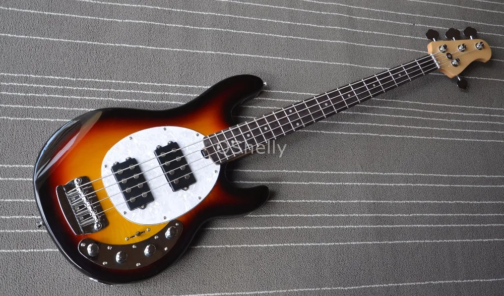 

top quality QShelly custom sunburst StingRay 4 strings MC 9V battery active pickup pearloid pickguard electric bass guitar