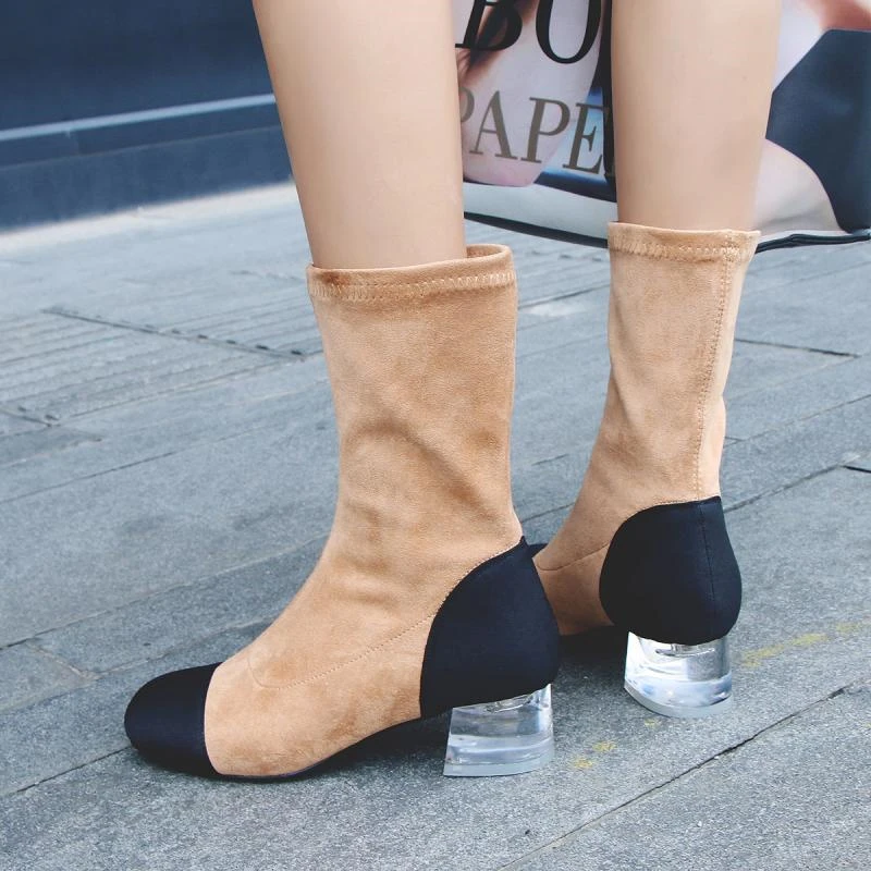 

Sexy Transparent PVC High Heels Ankle Boots Fashion Suede Leather Slip On Chelsea Boots Street Style Patchwork Winter Fall Boots