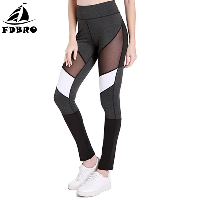 

FDBRO Woman Tights Sports Fitness Leggings Yoga Pants Slim Mesh Insert Elastic Athleisure Leggings Gym Sportswear Workout Pants