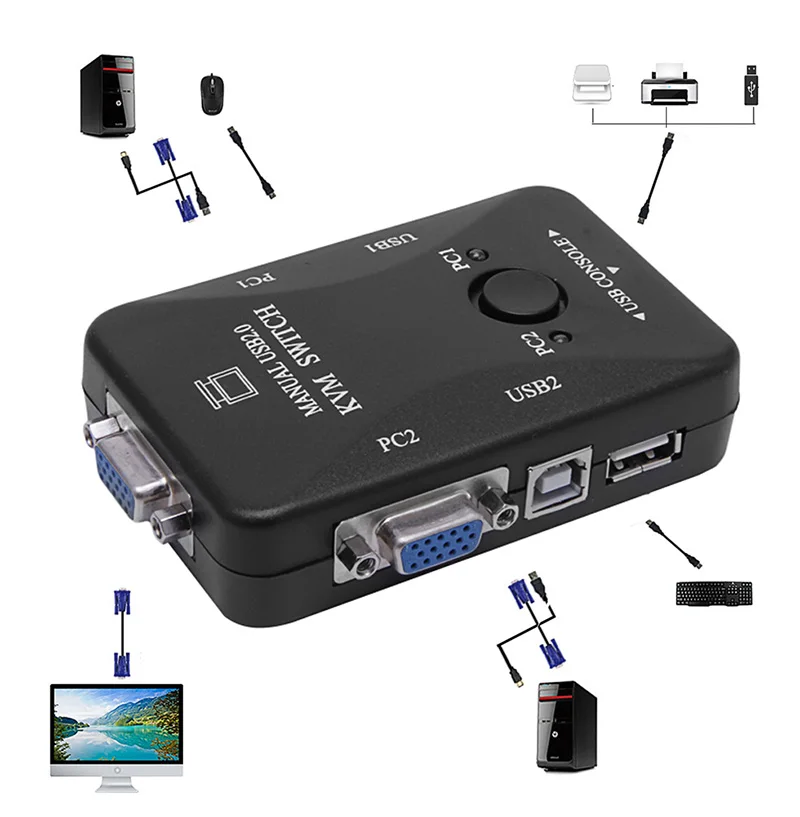 Manual 2 Port USB 2.0 KVM VGA Switch Box for 2 PC Printer