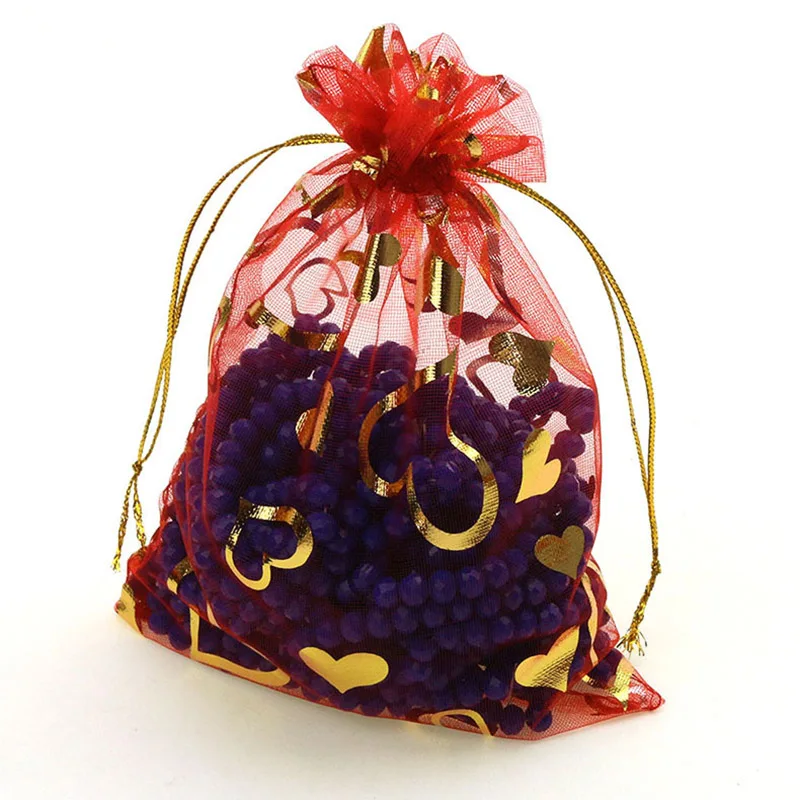 100 шт, 7x9/9x12 см, с принтом в виде сердечек и роз, свадебная сумочка из органзы, подарочная упаковка, мешочек для ювелирных изделий, рождественские сумки для конфет W14 - Цвет: red-gold heart
