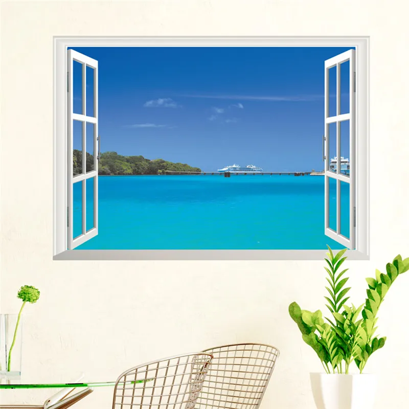 Ocean Sea Boat View Wall Stickers Decal Decorative Home Decor Living Room Bedroom 3d Window Landscape Decals Mural Wall Poster