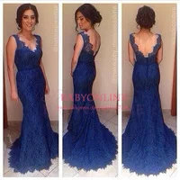 2014 New Arrival Vestido De Festa Longo Tank Deep V Neck Backless Navy Blue Lace Prom Dresses Mermaid Evening Gowns Long BO6437