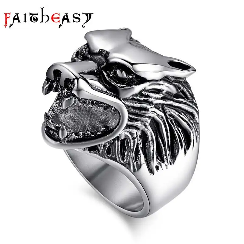 cheap Faitheasy Fashion Stainless Steel Jewelry Animal Rings For Men Punk Vintage Titanium Steel Ring Charm Party King Accessories