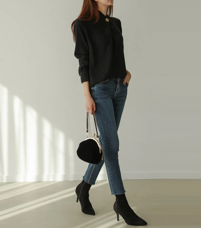 Round Neck Long Sleeve Office Blouse Shirt