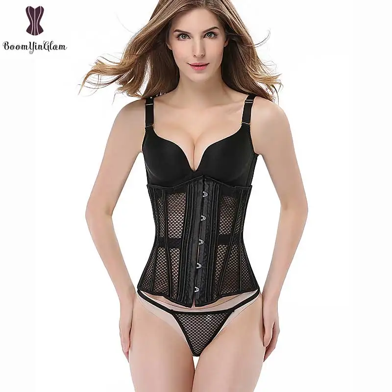 

High Quality Hollow Out Slimming Costume Transparent Bustier Waist Trainer Spiral Steel Boned Mesh Net Underbust Sexy Corset 931