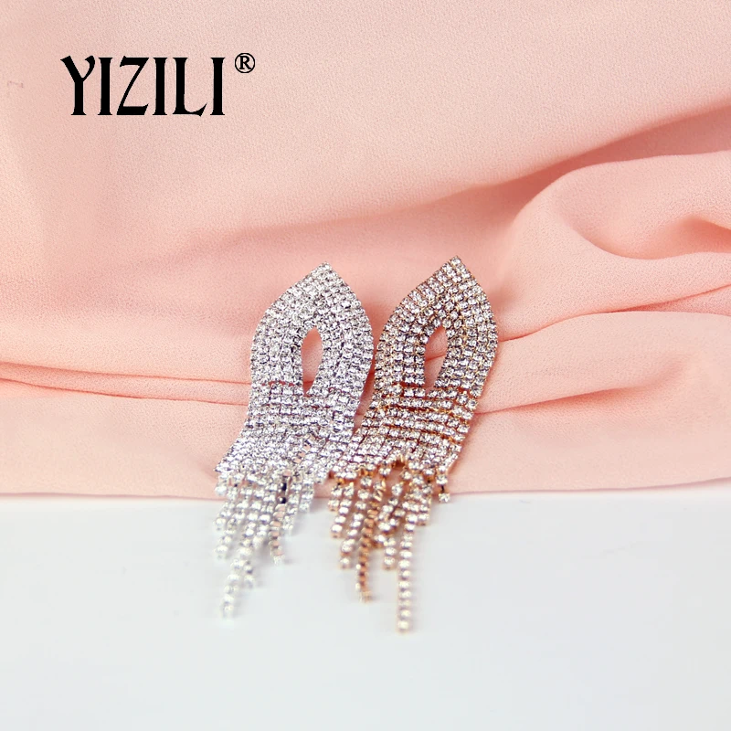Женские длинные серьги кисточки YIZILI серебристые/золотистые висячие со стразами