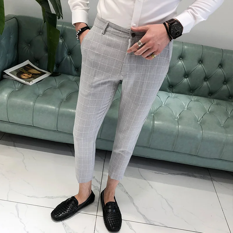 

ICPANS Men Suit Pants Slim Fit Plaid Men Pants Summer Thin Fashion Calf-length Trousers Male Office Black 2018 England Style