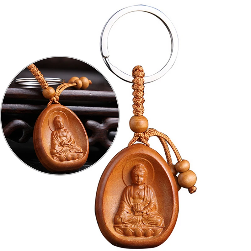 New Arrival Hot Sale Buddha Pendant Keychain For Car Bag keyring WholesaleLucky Jewelry Peach Wood Carving buckle