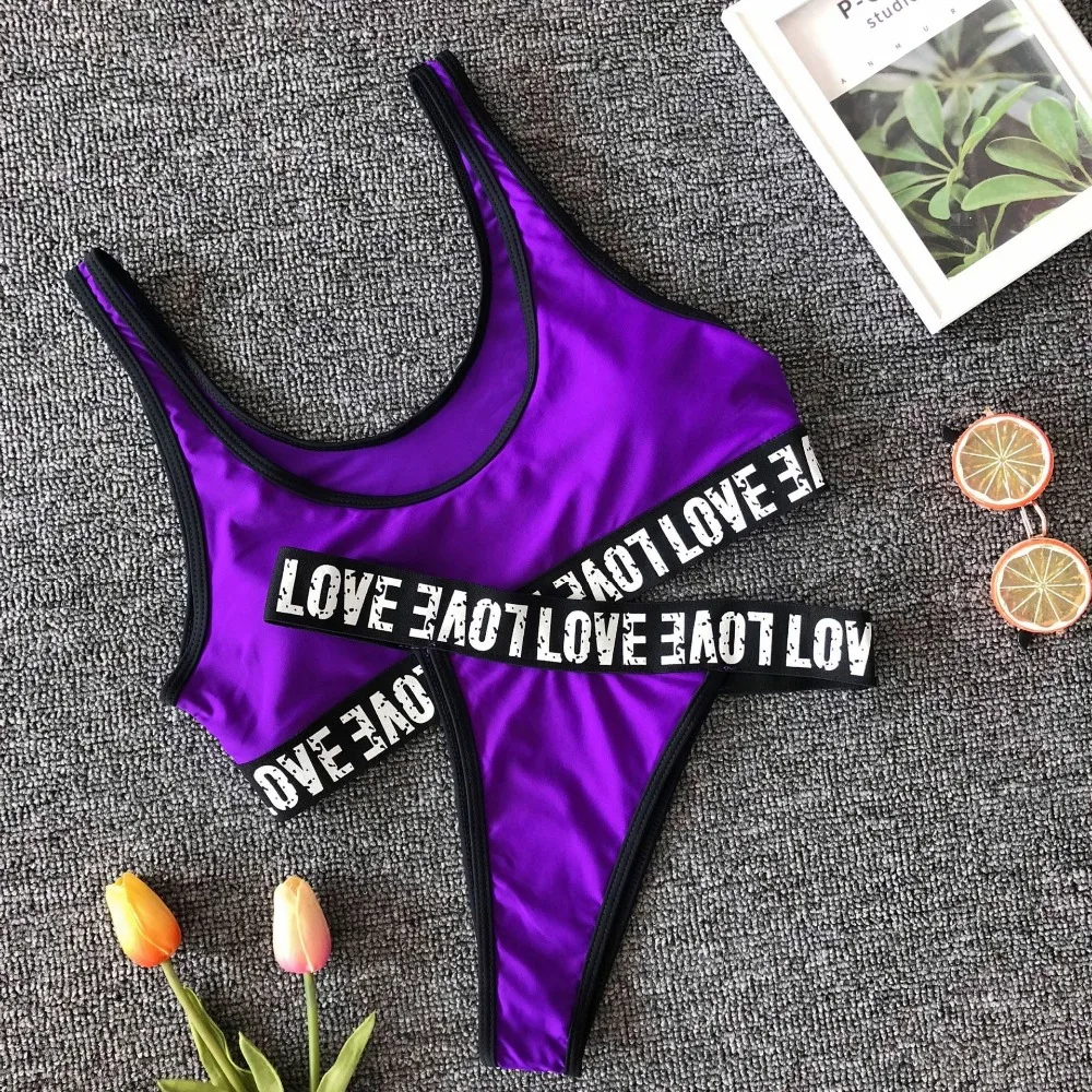 Women Biqiuni Set Soild and Letter Print Bathing Suits Sport Wide Strap Swimsuit Top With Cut Out Thong Bikini 2 Color Size L 9