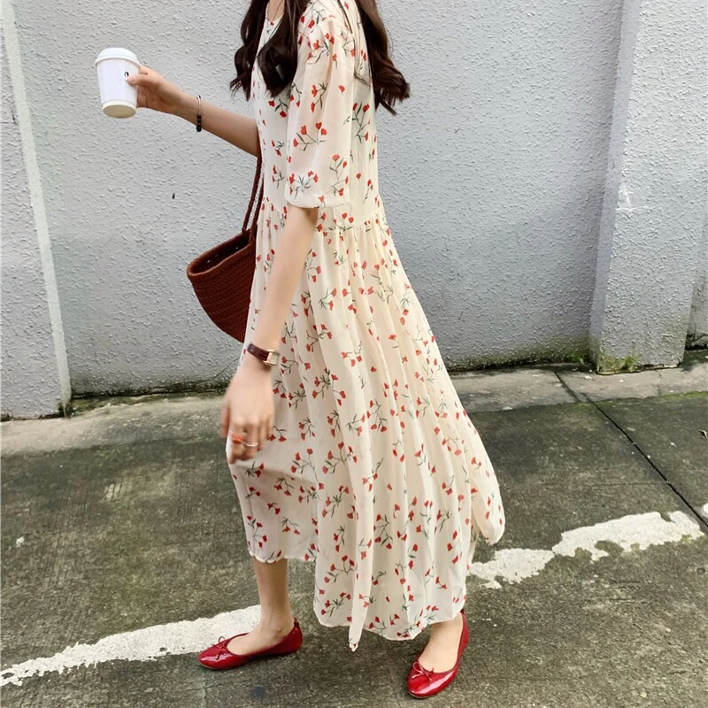 

summer dress 2019 vintage style small floral print short sleeve chiffon dresses womens o neck long dress womens (K789)