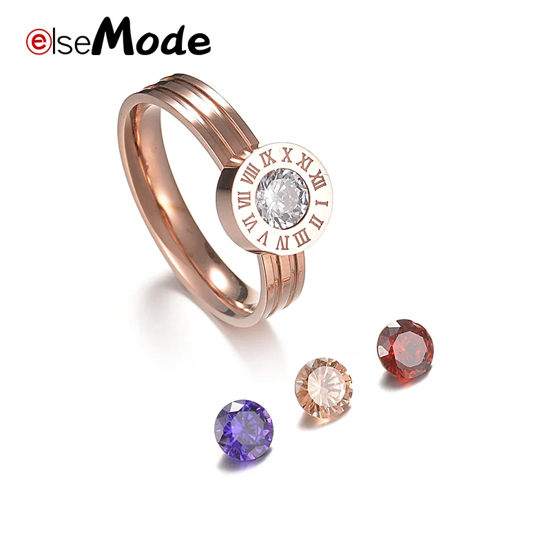 ELSEMODE Roman Number CZ Stone Simple Wedding Rings 316L Titanium Steel Interchangeable For Women Girl Jewelry