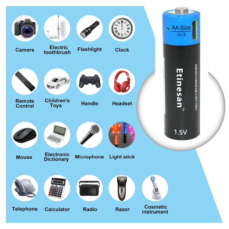 

6pcs Etinesan 1.5V AA 1875mwh lli-polymer rechargeable battery for camera game + USB charging line