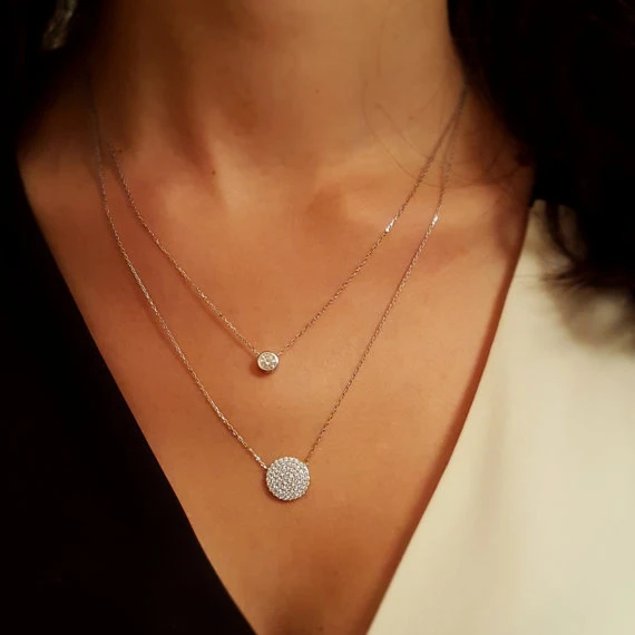 Двойной Cz кулон ожерелье 925 пробы высокое качество женское Ювелирное Украшение ободок Cz Большой диско Шарм двойной слой Элегантное ожерелье