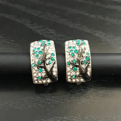 

Plum Branch Earring 925 Silver Green&White Micro Pave Iced Out Ear Jewelry