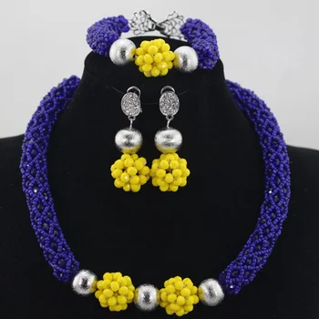 

African Wedding Bridal Royal Blue Add Yellow Balls Sets Nigerian Women Beads Necklace Jewelry Set Free ShippingABH123