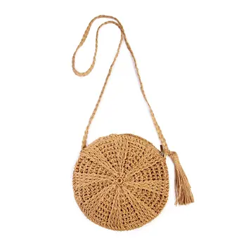 

BEAU-Rattan Crochet Straw Woven Basket Bali Handbag Round Circle Crossbody Shopper Beach Tote Bag