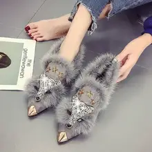 Sycatree Fox Head Style Women Casual Snow cotton Shoes Ladies Fur Shoes Moccasins Crystal Rivet Winter Warm Flat Driving Loafers