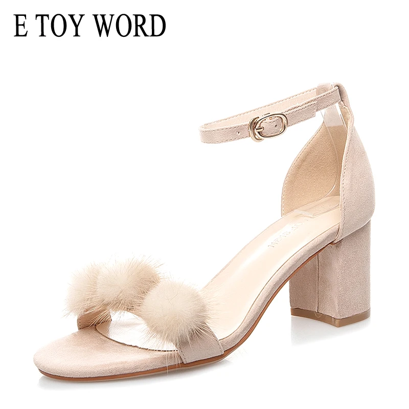 

E TOY WORD Sandals women 2019 New Summer Square heel High Heels Sandals Open Toe Wild Fashion Hair ball sandals Buckle Strap