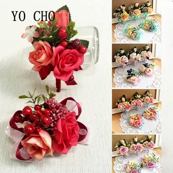

YO CHO Handmade Wedding Corsage Groom Boutonniere Bride Bridesmaid Hand Wrist Flower Artificial Rose Prom Tiffany Corsage Flower