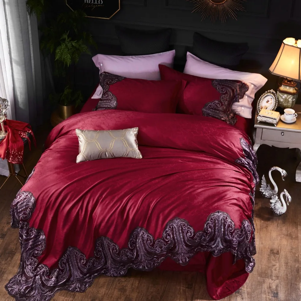 Premium Quality Red 120S Egyptian cotton Bedding set Queen King Luxury Lace Edge Wedding Duvet cover Bed sheet Europe 4pcs | Дом и сад