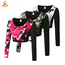 Новинка, женская футболка для йоги, камуфляжная Спортивная одежда для бега, дышащая одежда для отдыха, быстросохнущая длинная футболка
