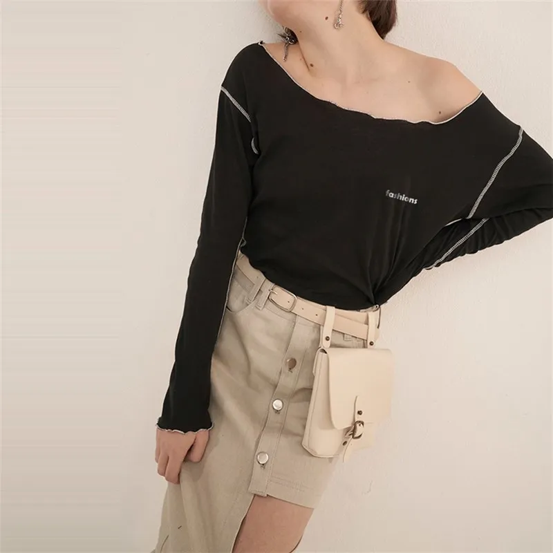 

western style fashion cute slim elastic contrast color letters long sleeve Lady tee SML XL XXL slash neck woman Casual T-Shirt