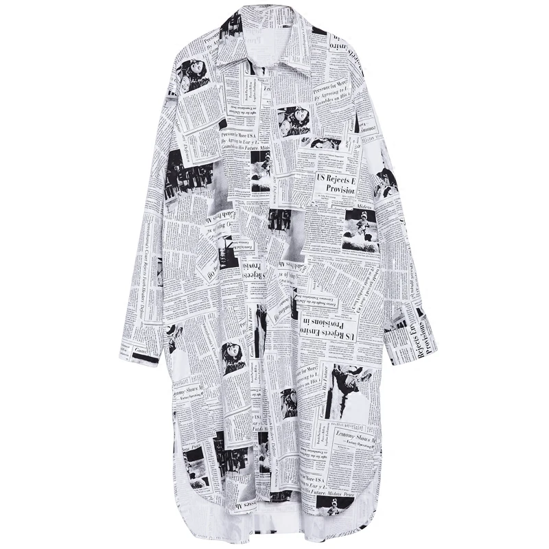 

2019 New Spring Summer Lapel Long Sleeve White Printed Loose Irregular Big Size Long Shirt Women Blouse Fashion Tide