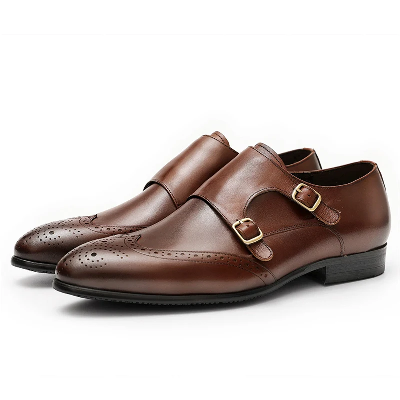 Phenkang/мужские строгие туфли из натуральной кожи; мужские оксфорды; Цвет Черный; ; модельные туфли; свадебные туфли; Кожаные броги с пряжкой - Цвет: burgundy
