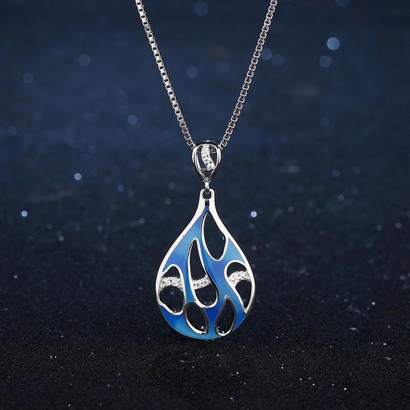 Подарок на день Святого Валентина, пустотелая форма капли воды, синяя эмаль, ювелирные наборы для женщин, прозрачный CZ, Мода 925, серебряные серьги, ожерелье