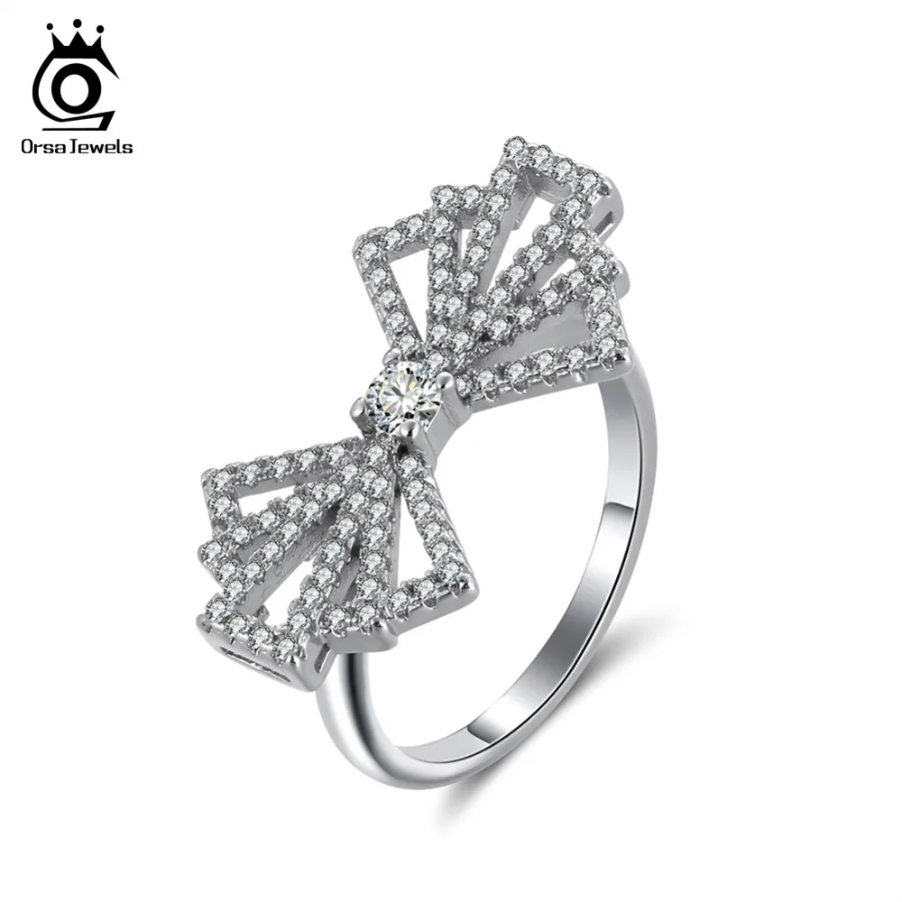 

ORSA JEWELS Ring For Women Bowknot Big 24 MM Width Rings Romantic Style Engagement Party Original Silver Color Jewelry OR168