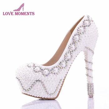 

White Pearl Wedding shoes Cocktail Dress Pumps Plus Size 11 Pure White Custom Made Bride Dress Shoes Rhinestone High Heels