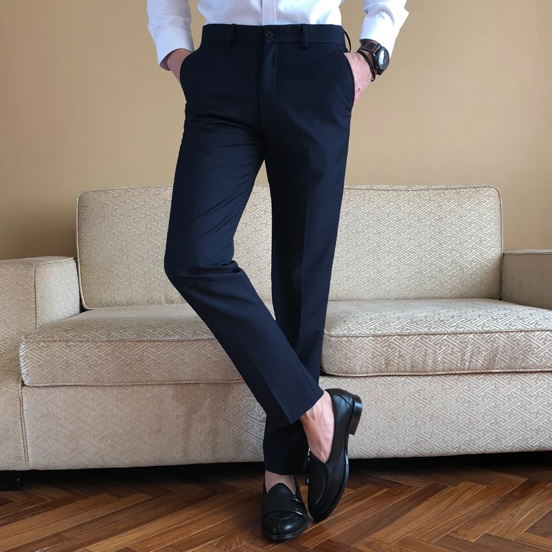 Classic Solid Color Suit Pants Black Navy Blue Slim