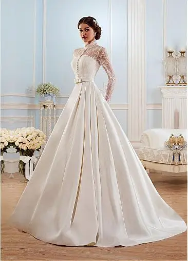 Гламурное атласное свадебное платье трапециевидной формы с высоким воротником Прозрачные Свадебные платья с длинным рукавом и шлейфом Vestido De Noiva