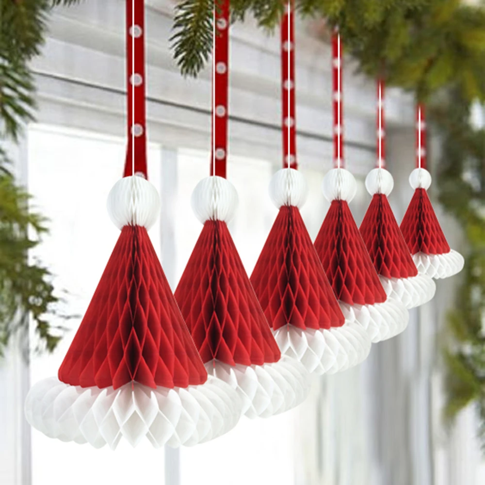 

3pcs Tissue Paper Honeycomb Santa Party Hats for Christmas Festive Table Centerpiece Hanging Decorations Home Decor Ornaments