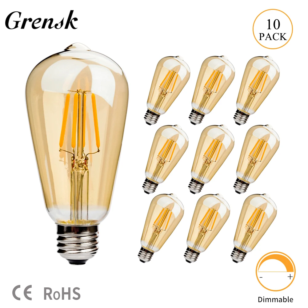 빈티지 밝기 조절 LED 필라멘트 전구, 레트로 조명, 봄빌라 LED, 가정용 E27 헤드 램프 전구, 4W, AC 220V, 2200K, ST64