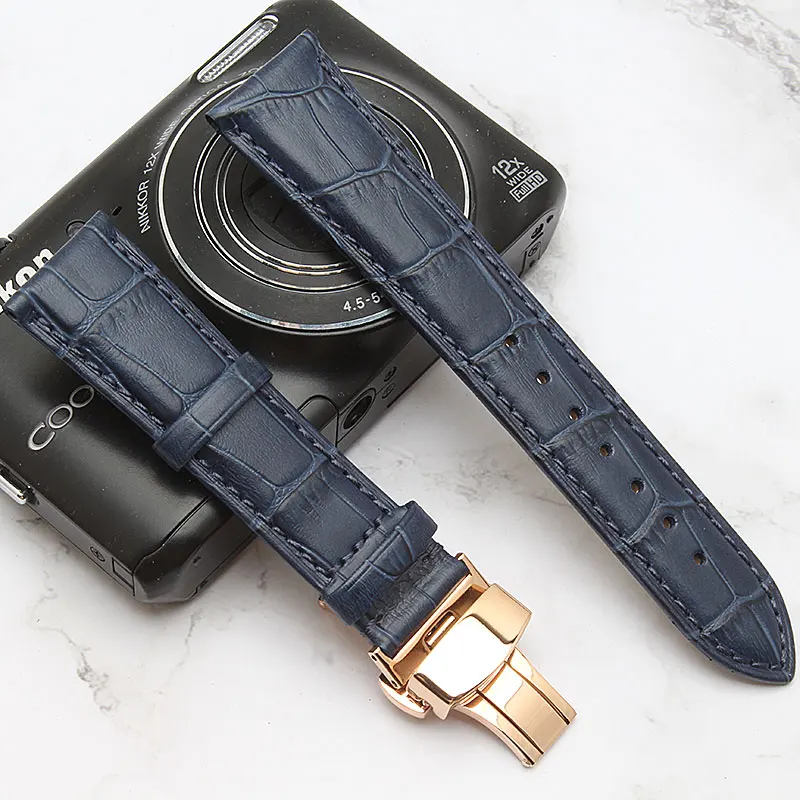 

Quality Watchband Genuine Leather Watchband14 19 20 21 22mm dark Blue watchbands strap silver Butterfly clasp Watch Accessories