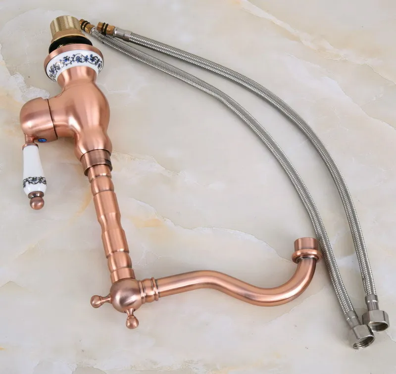 Antique Red Copper Brass Ceramic Base Kitchen Wet Bar Bathroom Vessel Sink Faucet Single Hole Swivel Spout Mixer Tapanf638